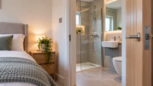 ensuite bathroom next to a bedroom