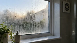 bathroom window with condensation running down