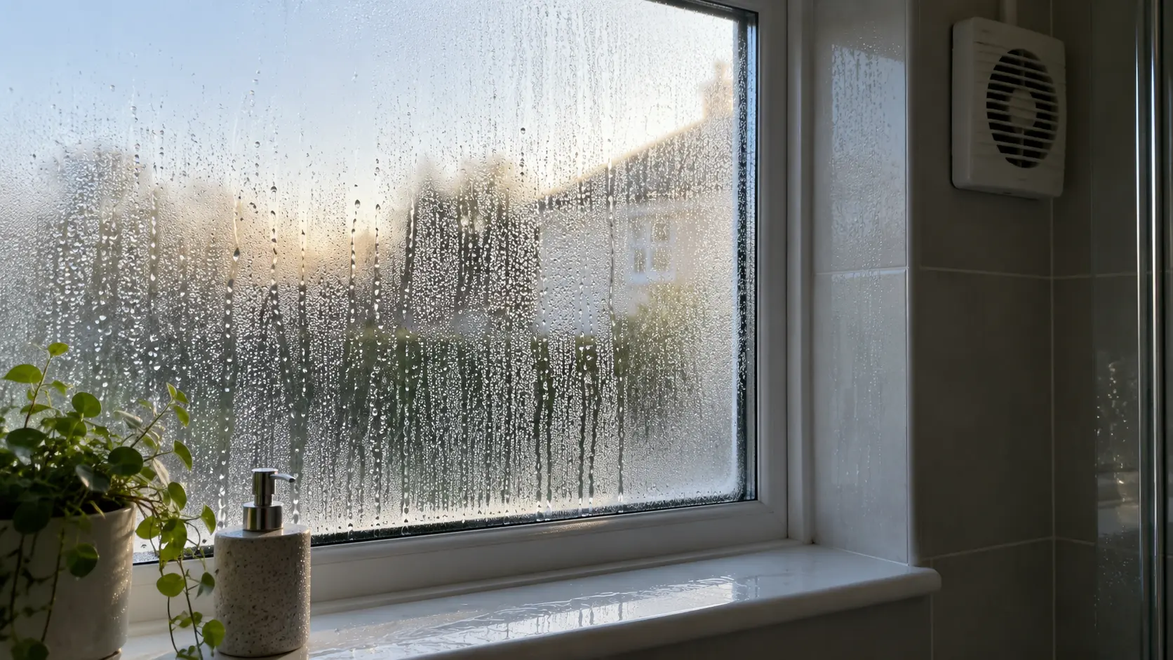 bathroom window with condensation running down