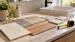 Bathroom worktop next to a sink showing samples of natural stone and porclain tiles