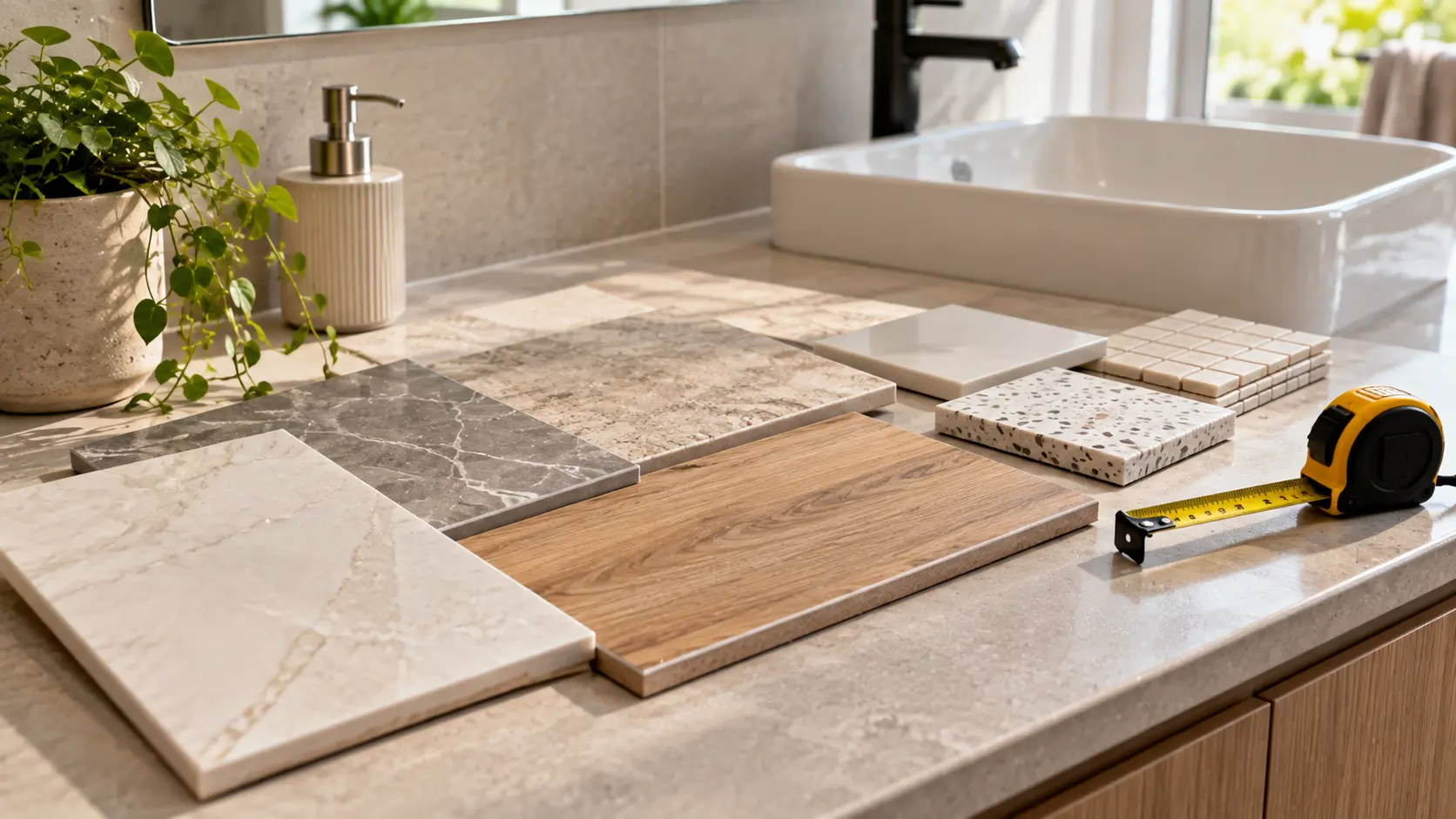 Bathroom worktop next to a sink showing samples of natural stone and porclain tiles