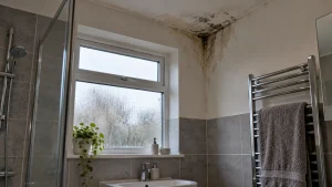 Corner of a bathroom ceiling with black mould growing