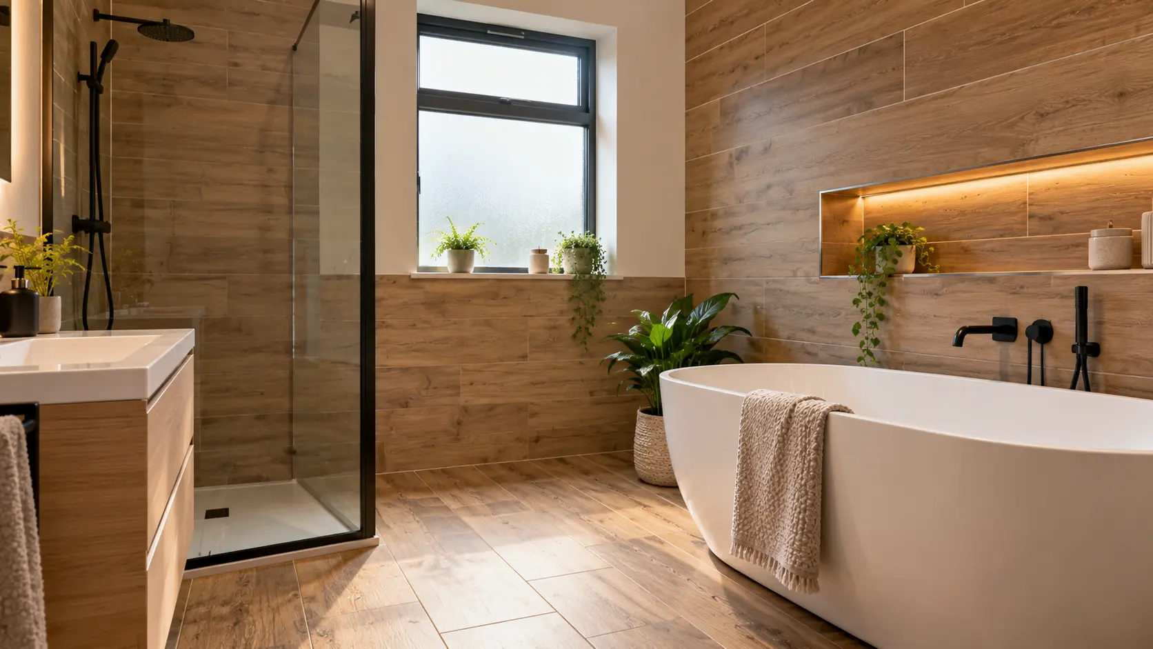A mondern bathroom with a bath, sink, wlak in shower - wood effect walls and floor