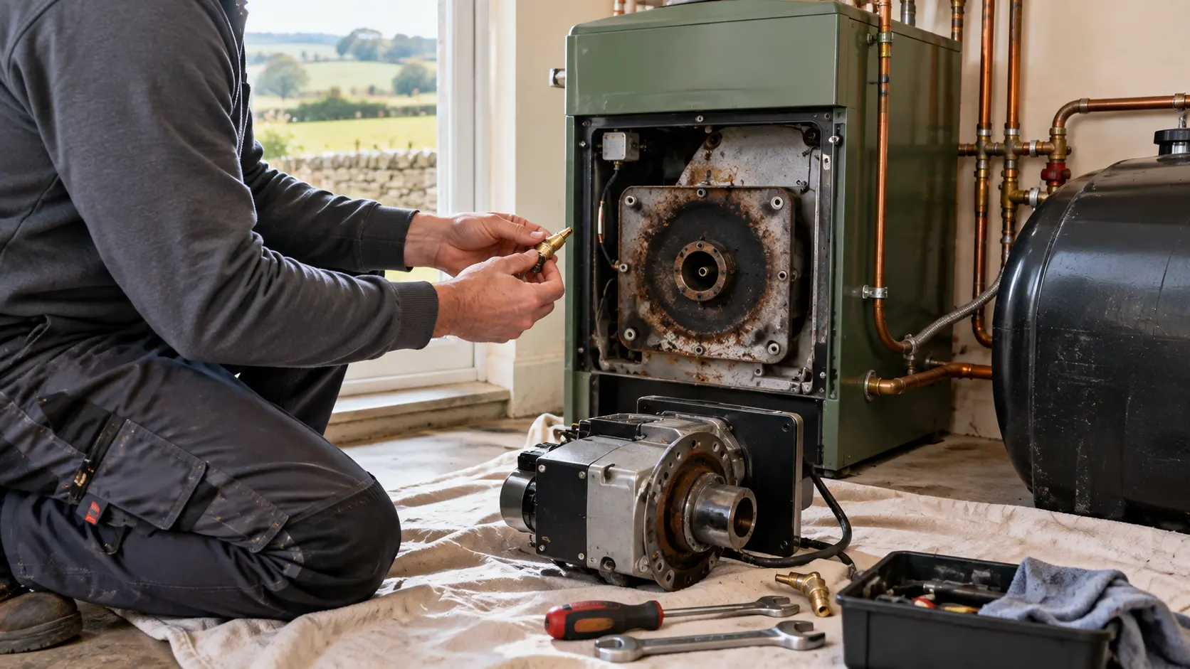 oil boiler being serviced
